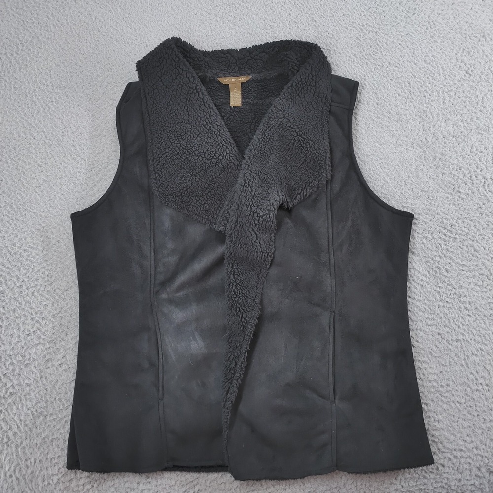 Bit & Bridle Vest Womens Large Black Faux Suede Leather Sherpa Collar Open Front